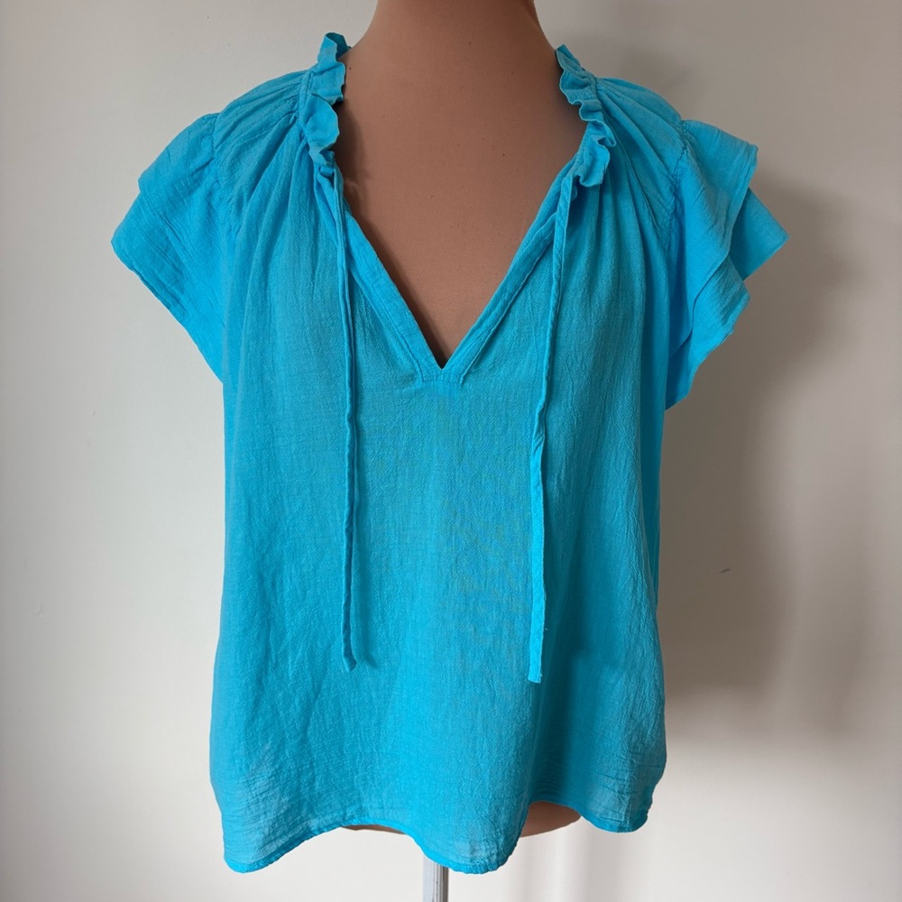 Honorine Cosette Curacao Blue Cotton Gauze Ruffle Short Sleeve V-Neck Blouse M